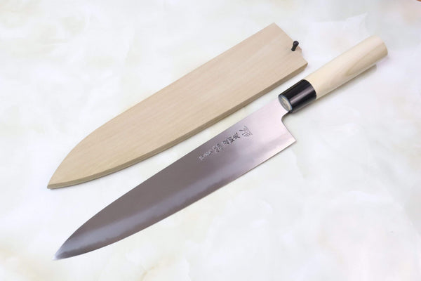 Mizuno Tanrenjo Wa Gyuto Wa Gyuto 240mm (9.4 inch) / D Shaped Magnolia Wooden Handle For Right Hander / Regular (Without Honba-Duke Sharpening Service) Mizuno Tanrenjo Akitada "Special Custom Order "KS-Style"" Ao Hagane DX Blue Steel No.1 Clad Wa Gyuto (D Shaped Magnolia Wooden Handle, AHDKS-1)