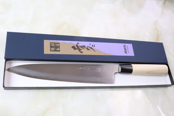 Mizuno Tanrenjo Wa Gyuto Wa Gyuto 240mm (9.4 inch) / D Shaped Magnolia Wooden Handle For Right Hander / Regular (Without Honba-Duke Sharpening Service) Mizuno Tanrenjo Akitada "Special Custom Order "KS-Style"" Ao Hagane DX Blue Steel No.1 Clad Wa Gyuto (D Shaped Magnolia Wooden Handle, AHDKS-1)