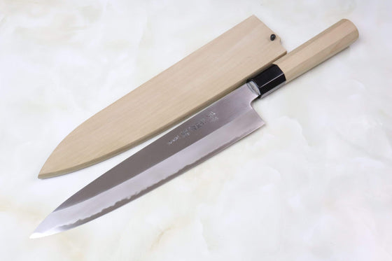 Mizuno Tanrenjo Wa Gyuto Wa Gyuto 240mm (9.4 inch) / Octagon Shaped Magnolia Wooden Handle / Regular (Without Honba-Duke Sharpening Service) Mizuno Tanrenjo Akitada "Special Custom Order "KS-Style"" Ao Hagane DX Blue Steel No.1 Clad Wa Gyuto with Shinogi (Octagon Shaped Magnolia Wooden Handle, AHDKS-2WS)
