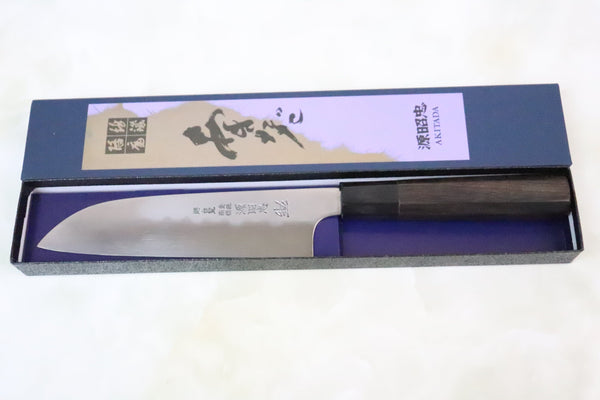 Mizuno Tanrenjo Wa Santoku Mizuno Tanrenjo Akitada Honyaki DX Series Blue Steel No.2 Wa Santoku (165mm or 180mm, Octagon Shaped Ebonywood Handle)