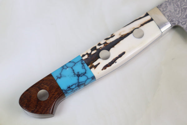 Mr. Itou Petty Mr. Itou R-2 Custom Damascus Petty 125mm (4.9 inch) "Custom Combination Handle (Stag, Turquoise, Ironwood Handle)" (IT-73)