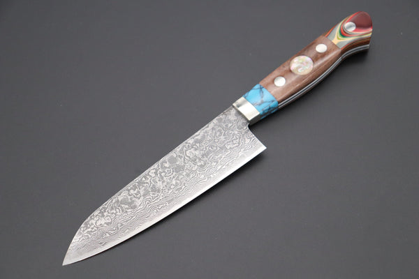 Mr. Itou Santoku Mr. Itou “Luna Series” R-2 Custom Damascus Small Santoku 135mm (5.3 inch ,Custom Combination Handle(Turquoise Gem-Composite Stone/Brown Color Camel Bone/Japanese lacquer)(IT-181)