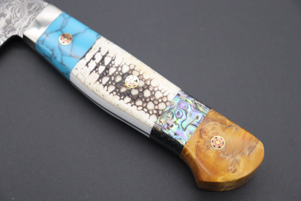 Mr. Itou Santoku Mr. Itou "Treasure Hunter Series" R-2 Custom Damascus Santoku 165mm (6.5 inch) "Custom Combination Handle (Turquoise Gem Stone/Armadillo/Abalone/Maple Burl Wood)" (IT-170)