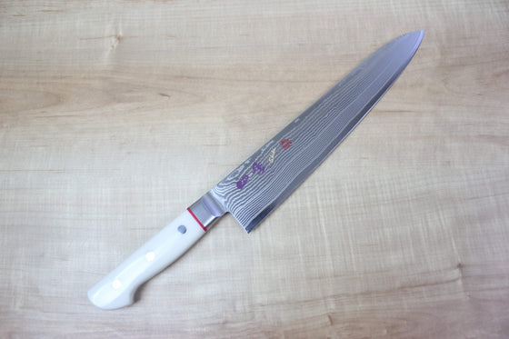 Limited Edition, SHIKI 守護神 Guardian Series "Calm Wave Damascus Version" SKCI-6L Gyuto 240mm (9.4 inch, White Corian Handle) - JapaneseChefsKnife.Com