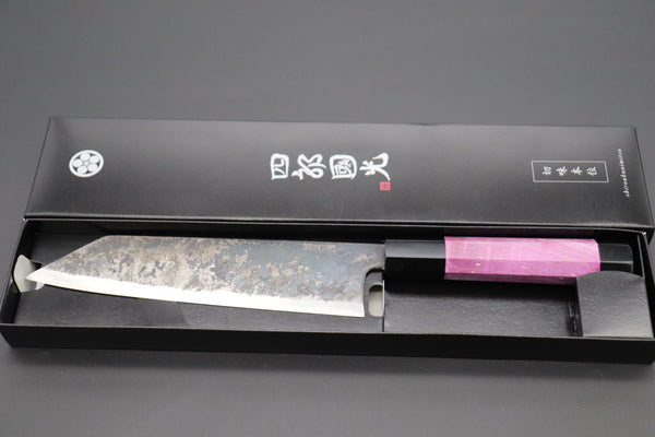 Shirou-Kunimitsu Bunka Shirou-Kunimitsu White Steel No.2 Kurouchi Series Special Edition SK-4SP33 Bunka 190mm (7.4 Inch, Sunset Purple Color Stabilized Maple Burl Wood Handle)