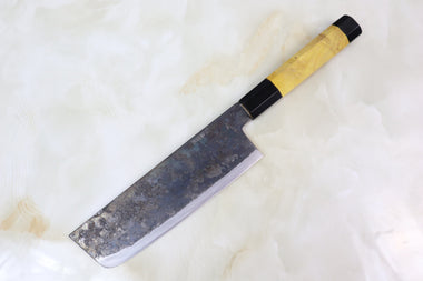 Shirou-Kunimitsu Nakiri Shirou-Kunimitsu White Steel No.2 Kurouchi Series Special Edition SK-3SP30 Nakiri 165mm (6.4 Inch, Sunny Yellow Color Stabilized Maple Burl Wood Handle)