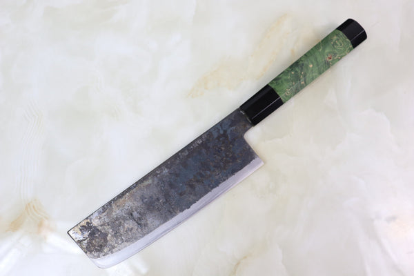 Shirou-Kunimitsu Nakiri Shirou-Kunimitsu White Steel No.2 Kurouchi Series Special Edition SK-3SP32 Nakiri 165mm (6.4 Inch, Forrest Green Color Stabilized Maple Burl Wood Handle)