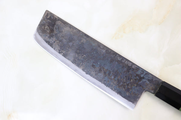 Shirou-Kunimitsu Nakiri Shirou-Kunimitsu White Steel No.2 Kurouchi Series Special Edition SK-3SP32 Nakiri 165mm (6.4 Inch, Forrest Green Color Stabilized Maple Burl Wood Handle)