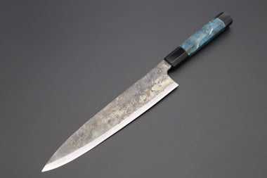 Shirou-Kunimitsu Wa Gyuto Shirou-Kunimitsu White Steel No.2 Kurouchi Series Special Edition SK-6SP29 Wa Gyuto 240mm (9.4 Inch, Ocean Blue Color Stabilized Maple Burl Wood Handle)