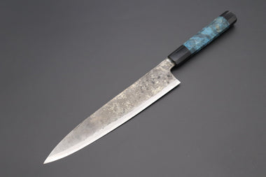 Shirou-Kunimitsu Wa Gyuto Shirou-Kunimitsu White Steel No.2 Kurouchi Series Special Edition SK-6SP30 Wa Gyuto 240mm (9.4 Inch, Ocean Blue Color Stabilized Maple Burl Wood Handle)