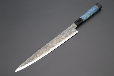 Shirou-Kunimitsu Wa Sujihiki Shirou-Kunimitsu White Steel No.2 Kurouchi Series Special Edition SK-7SP13 Wa Sujihiki 270mm (10.6 Inch, Ocean Blue Color Stabilized Maple Burl Wood Handle)
