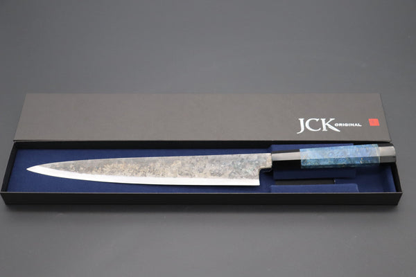 Shirou-Kunimitsu Wa Sujihiki Shirou-Kunimitsu White Steel No.2 Kurouchi Series Special Edition SK-7SP13 Wa Sujihiki 270mm (10.6 Inch, Ocean Blue Color Stabilized Maple Burl Wood Handle)