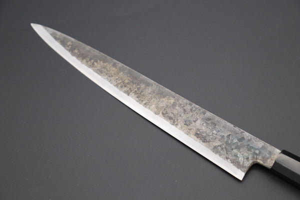 Shirou-Kunimitsu Wa Sujihiki Shirou-Kunimitsu White Steel No.2 Kurouchi Series Special Edition SK-7SP13 Wa Sujihiki 270mm (10.6 Inch, Ocean Blue Color Stabilized Maple Burl Wood Handle)
