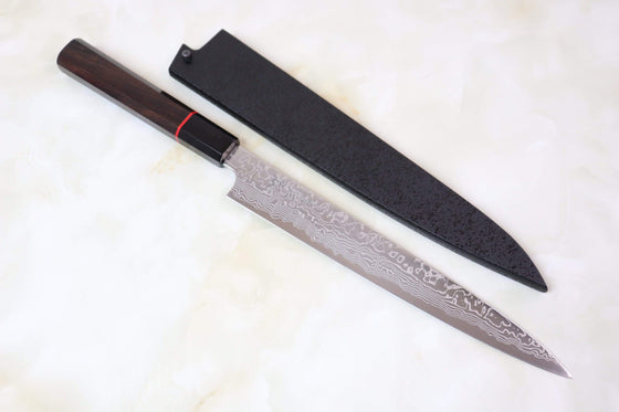 Sukenari Wa Sujihiki G3D-7ER Wa Sujihiki 240mm (9.4 inch) Sukenari Gingami No.3 Nickel Damascus Wa Sujihiki (240mm and 270mm, 2 sizes, Octagon Shaped Ebony Wood Handle with Red Color Spacer)