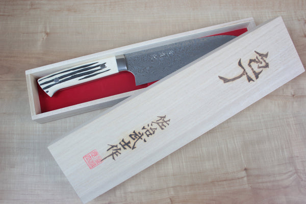 Takeshi Saji R-2 Custom Black Damascus Wild Series Honesuki | Boning Knife 150mm (5.9 inch, Stag Bone Handle) - JapaneseChefsKnife.Com