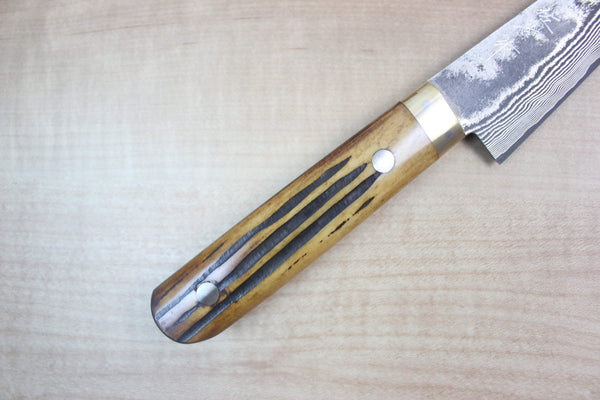 Takeshi Saji VG-10 Custom Damascus Wild Series Honesuki | Boning Knife 150mm (5.9 inch, Stag Bone Handle) - JapaneseChefsKnife.Com