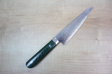 Takeshi Saji VG-10 Custom Damascus Wild Series STG-B Honesuki | Boning Knife 150mm (5.9 inch, Green Linen Micarta Handle) - JapaneseChefsKnife.Com