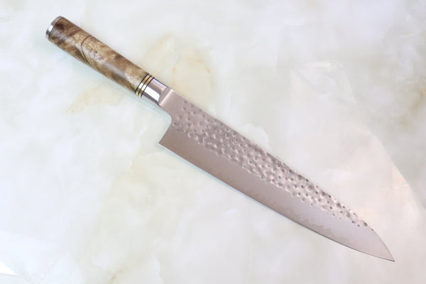 Takeshi Saji Nature Series — Hammer Forged R-2 Gyuto (210mm or 240mm, 2 Sizes, Quince Burl Wood Handle)