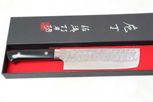 “Ocean Sunshine”: Takeshi Saji VG-10 Hammered Damascus Series Nakiri 165mm (6.4 inch, Black Linen Micarta Handle) - JapaneseChefsKnife.Com