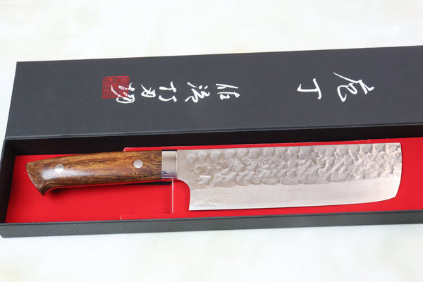 “Ocean Sunshine”: Takeshi Saji VG-10 Hammered Damascus Series SOD-5I Nakiri 165mm (6.4 inch, Ironwood Handle) - JapaneseChefsKnife.Com