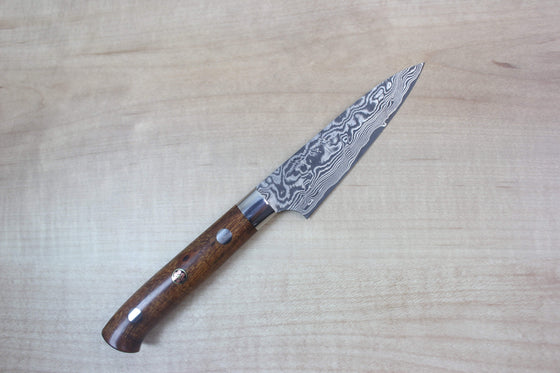 Takeshi Saji R-2 Custom Black Damascus Wild Series Paring 90mm (3.5inch Ironwood Handle) SRD-1PBI - JapaneseChefsKnife.Com