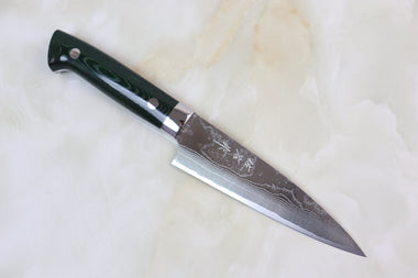 Takeshi Saji Petty Takeshi Saji VG-10 Custom Damascus Wild Series Petty (135mm & 150mm, 2 Sizes, Green Linen Micarta Handle)