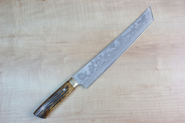 Takeshi Saji VG-10 Custom Damascus Wild Series Katana Slicer 270mm (10.6 inch, Stag Bone Handle) - JapaneseChefsKnife.Com