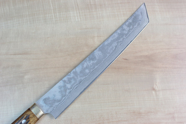 Takeshi Saji VG-10 Custom Damascus Wild Series Katana Slicer 270mm (10.6 inch, Stag Bone Handle) - JapaneseChefsKnife.Com