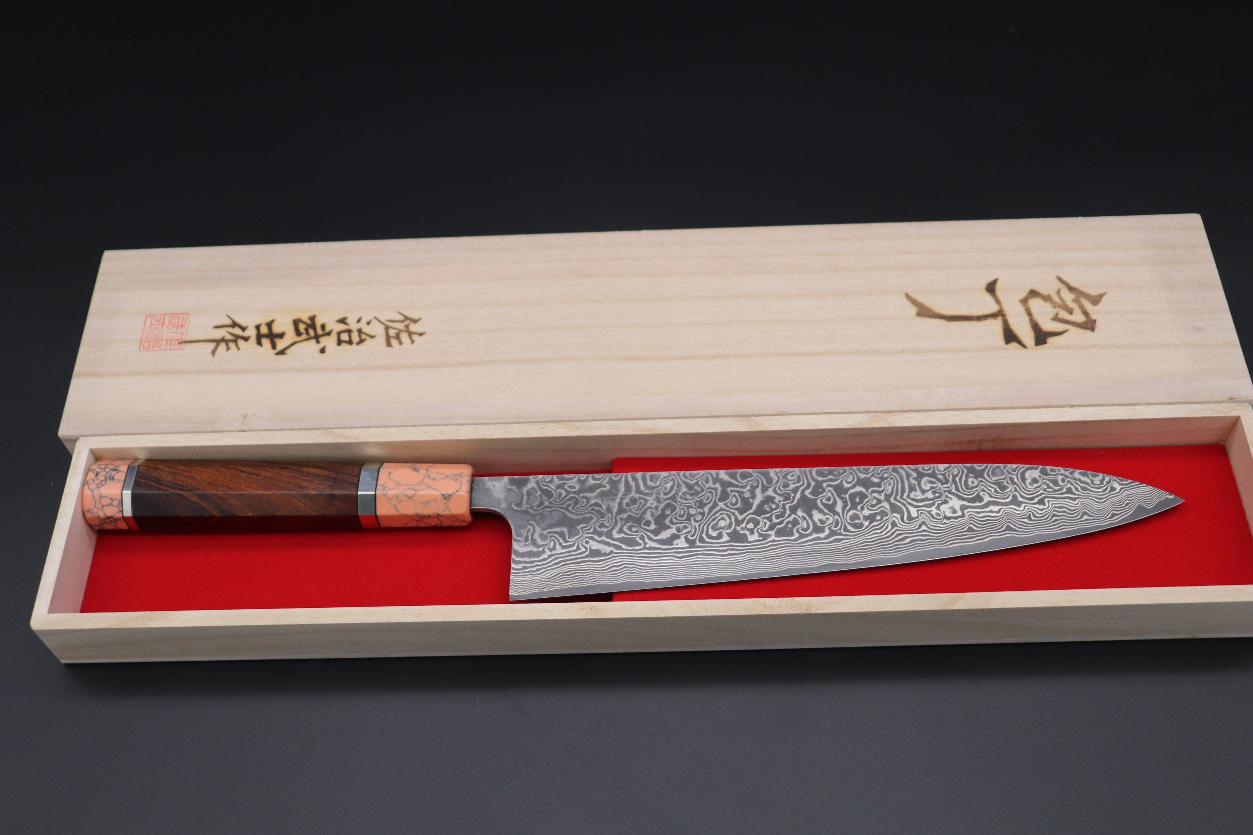 Great Damascus / VG-10 Santoku Chef Knife With Red Sandalwood Wa-handle &  Black Wood. A Kitchen Knife Featuring the Best Japanese Steel. 